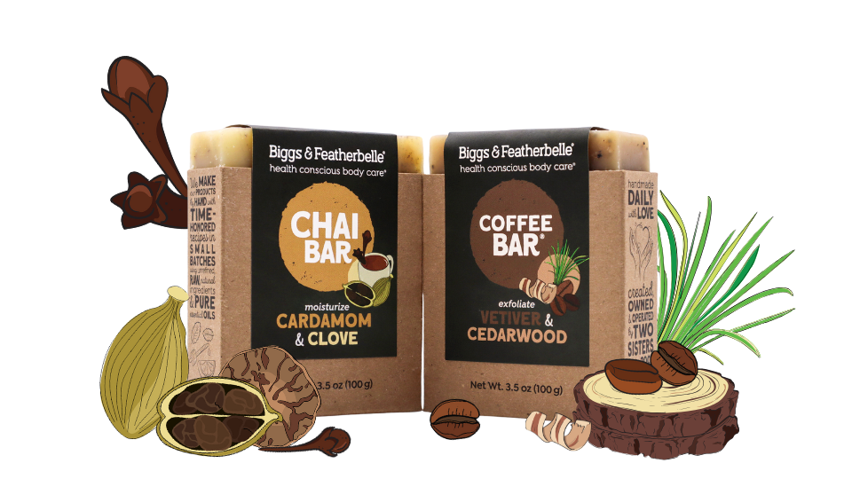 Two Biggs & Featherbelle Chai Bar and Coffee Bar packages with botanical illustrations on a white background.