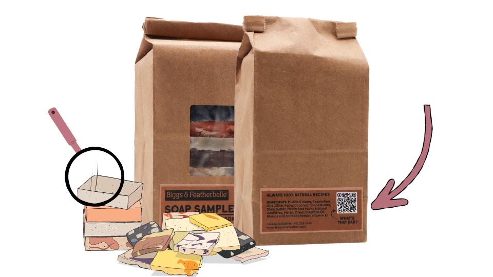 Brown cardboard packaging with soap samples and a QR code label on a white background
