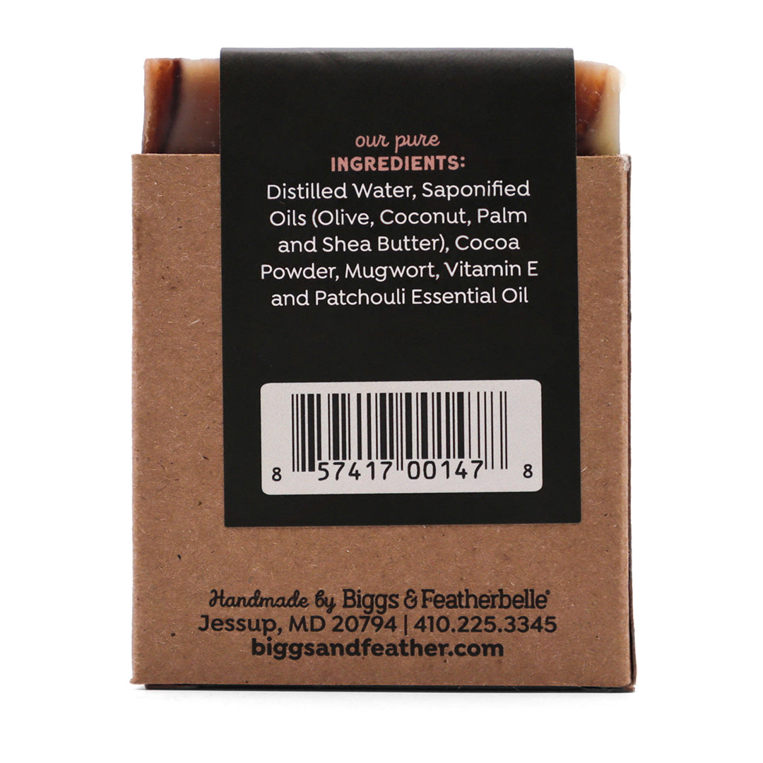 Back of BAR-CHOULI® soap by Biggs &amp; Featherbelle®