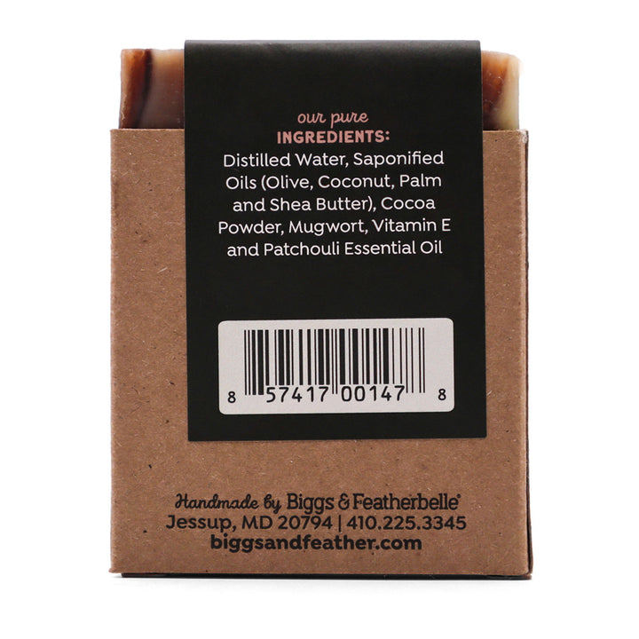 Back of BAR-CHOULI® soap by Biggs &amp; Featherbelle®