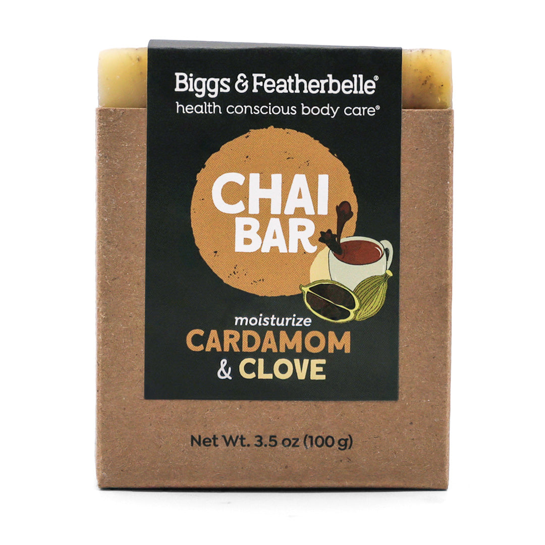 Front of a packaged of Biggs &amp; Featherbelle® Chai Bar soap on a white background