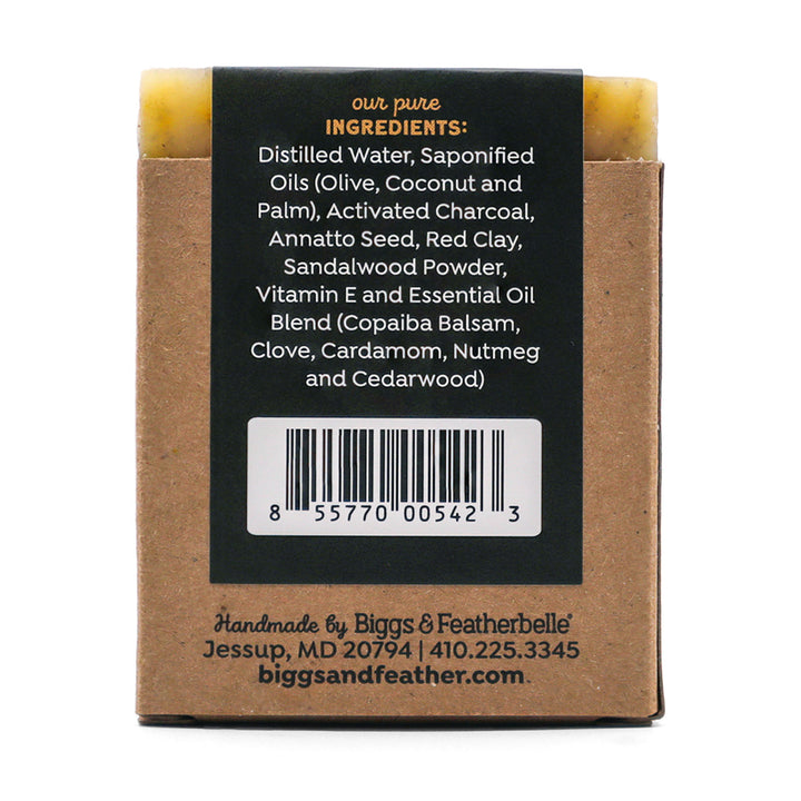 Back of a packaged of Biggs &amp; Featherbelle® Chai Bar soap on a white background