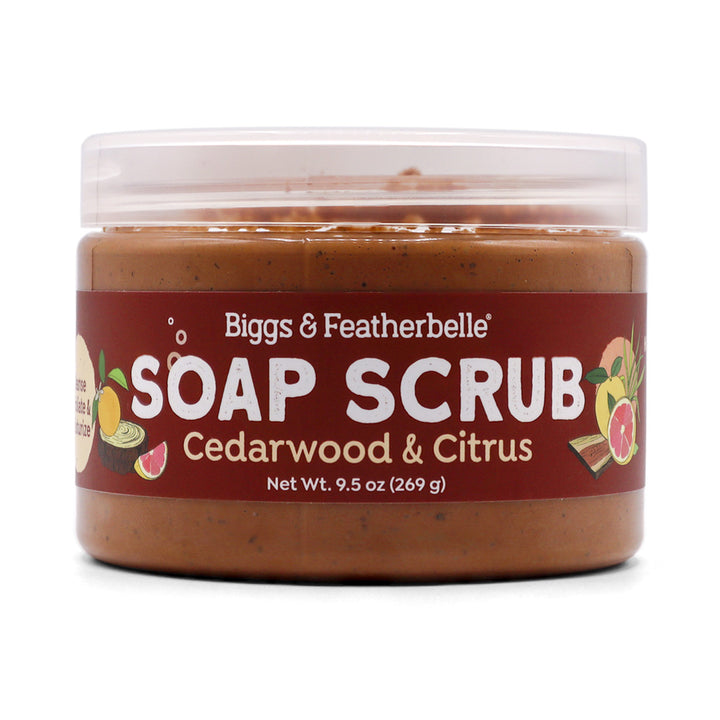 Jar of Biggs &amp; Featherbelle Soap Scrub with Cedarwood &amp; Citrus scent on a white background