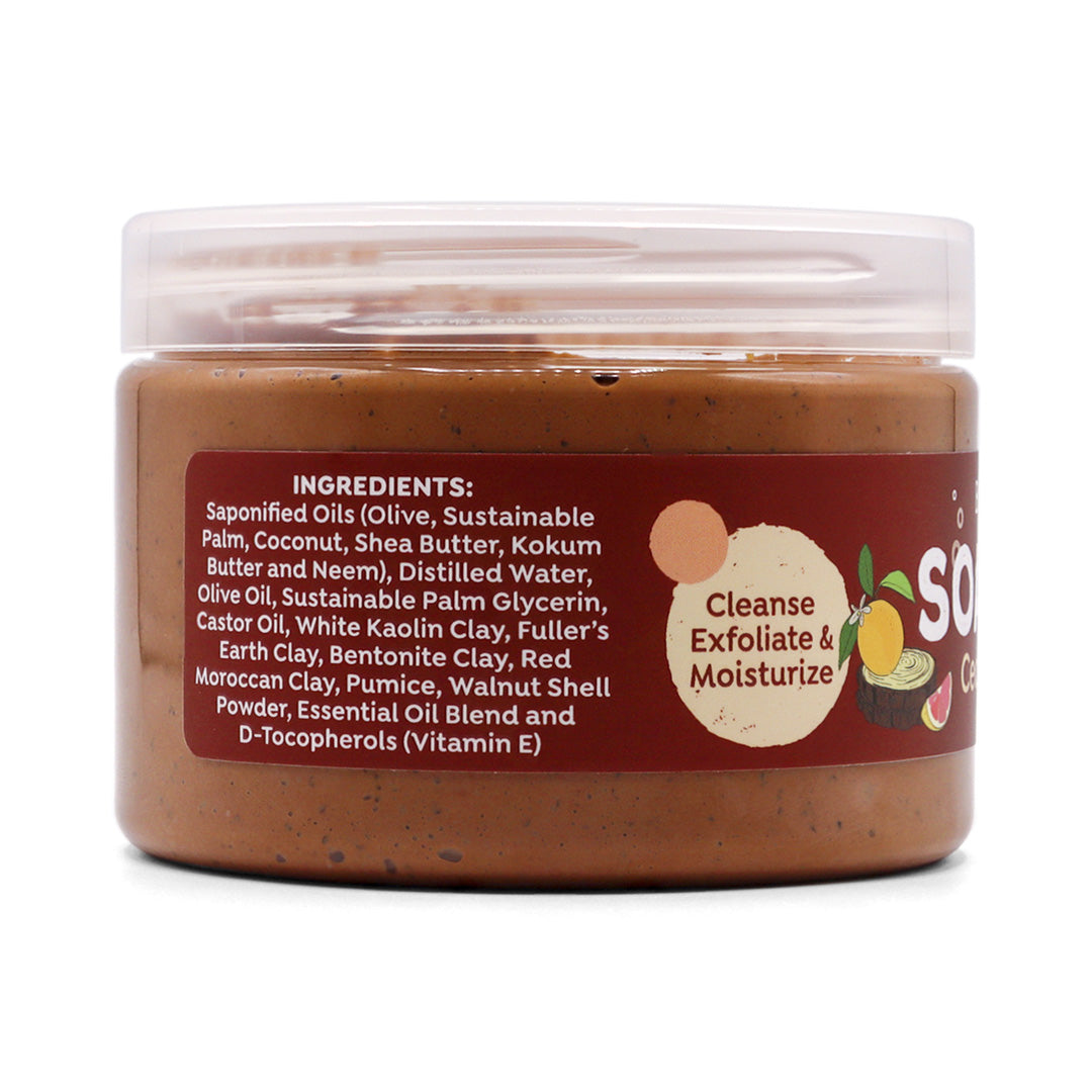 Jar side of Cedarwood &amp; Citrus Soap Scrub on a white background