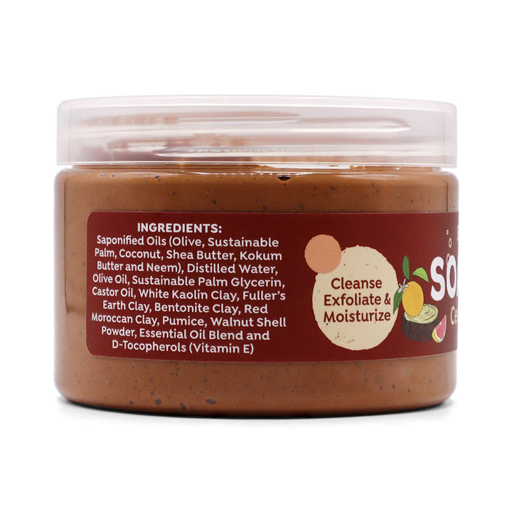 Jar side of Cedarwood &amp; Citrus Soap Scrub on a white background