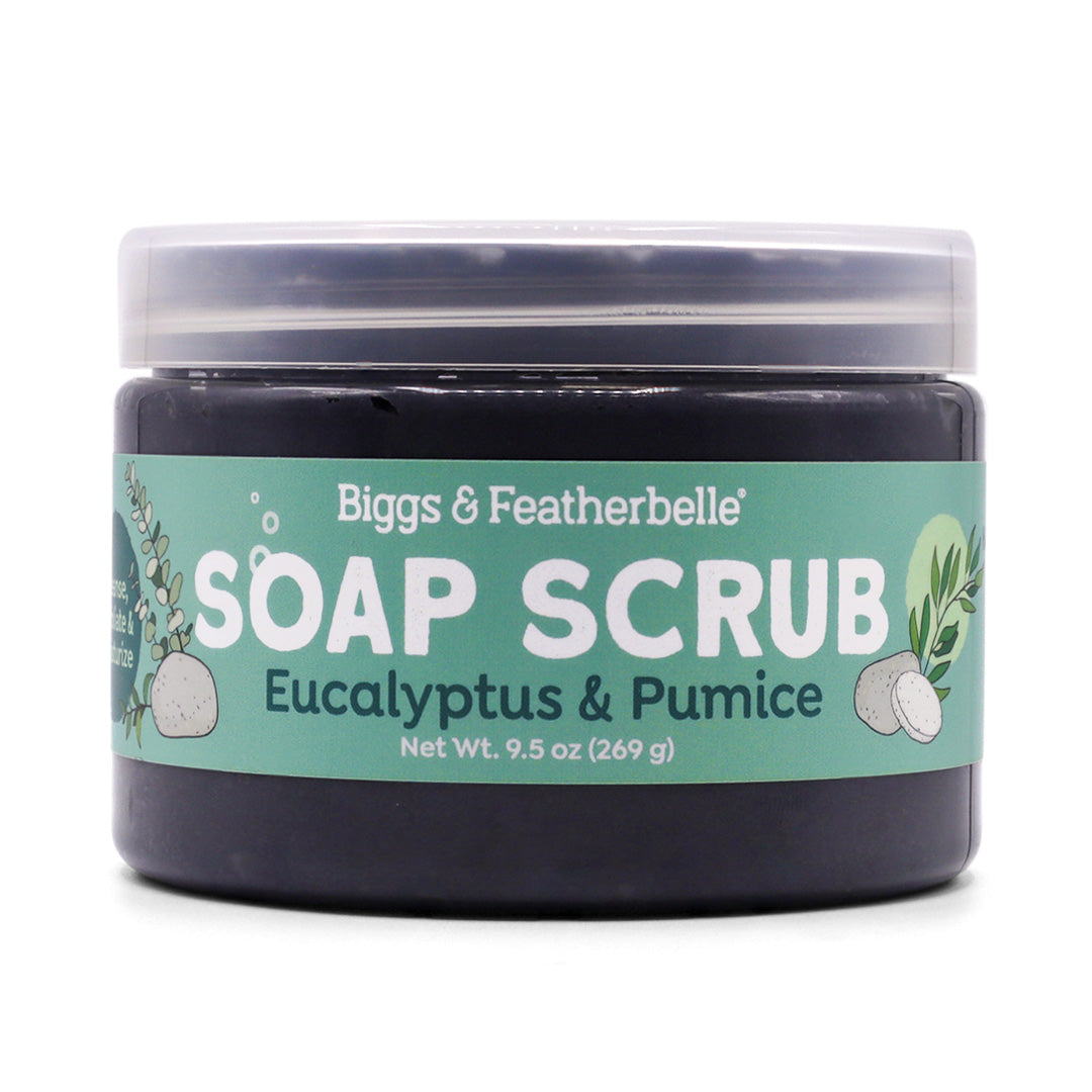 Jar of Biggs & Featherbelle Soap Scrub with Eucalyptus & Pumice on a white background