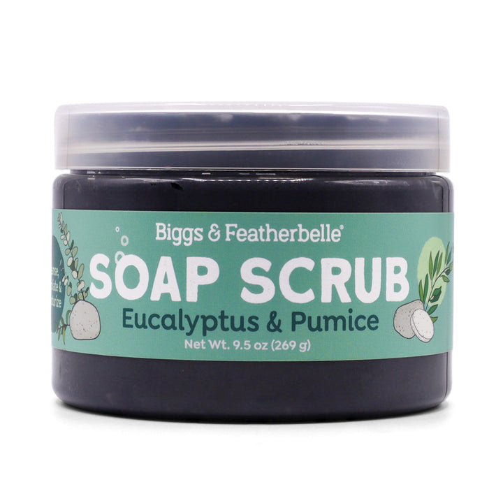Jar of Biggs &amp; Featherbelle Soap Scrub with Eucalyptus &amp; Pumice on a white background