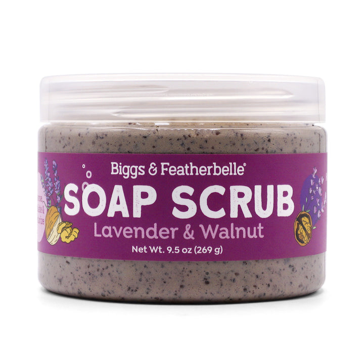 Jar of Lavender &amp; Walnut Soap Scrub with purple label on a white background