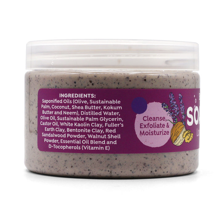 Ingredient label side of Lavender &amp; Walnut jar on a white background