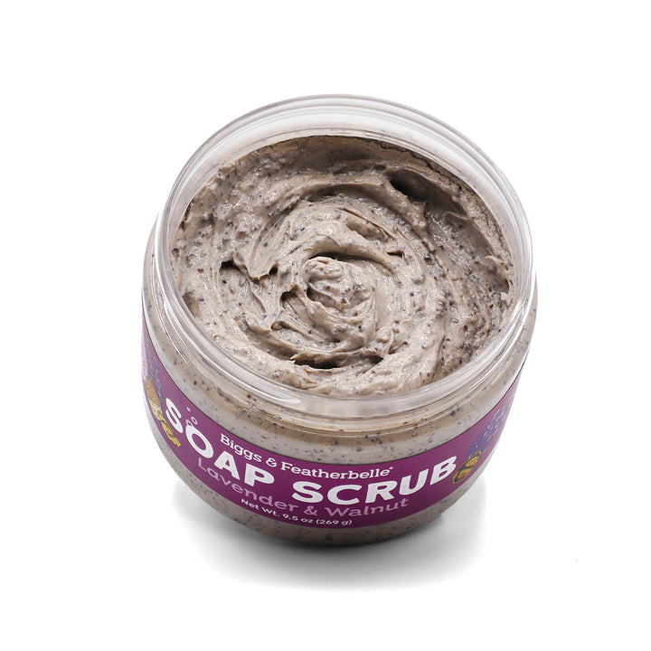 Open jar of Lavender &amp; Walnut Soap Scrub with a purple label on a white background