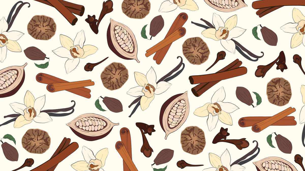 A seamless pattern featuring illustrations of warm spices and botanicals, including cinnamon sticks, whole and halved cocoa pods, vanilla beans, cloves, star anise, and white vanilla flowers, arranged on a cream background.