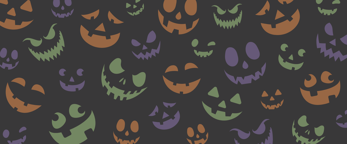 A repeating Halloween pattern of stylized jack-o'-lantern faces in orange, green, and purple on a dark charcoal background.