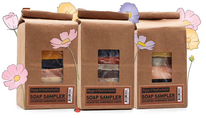 Three Biggs & Featherbelle Soap Sampler bags side by side